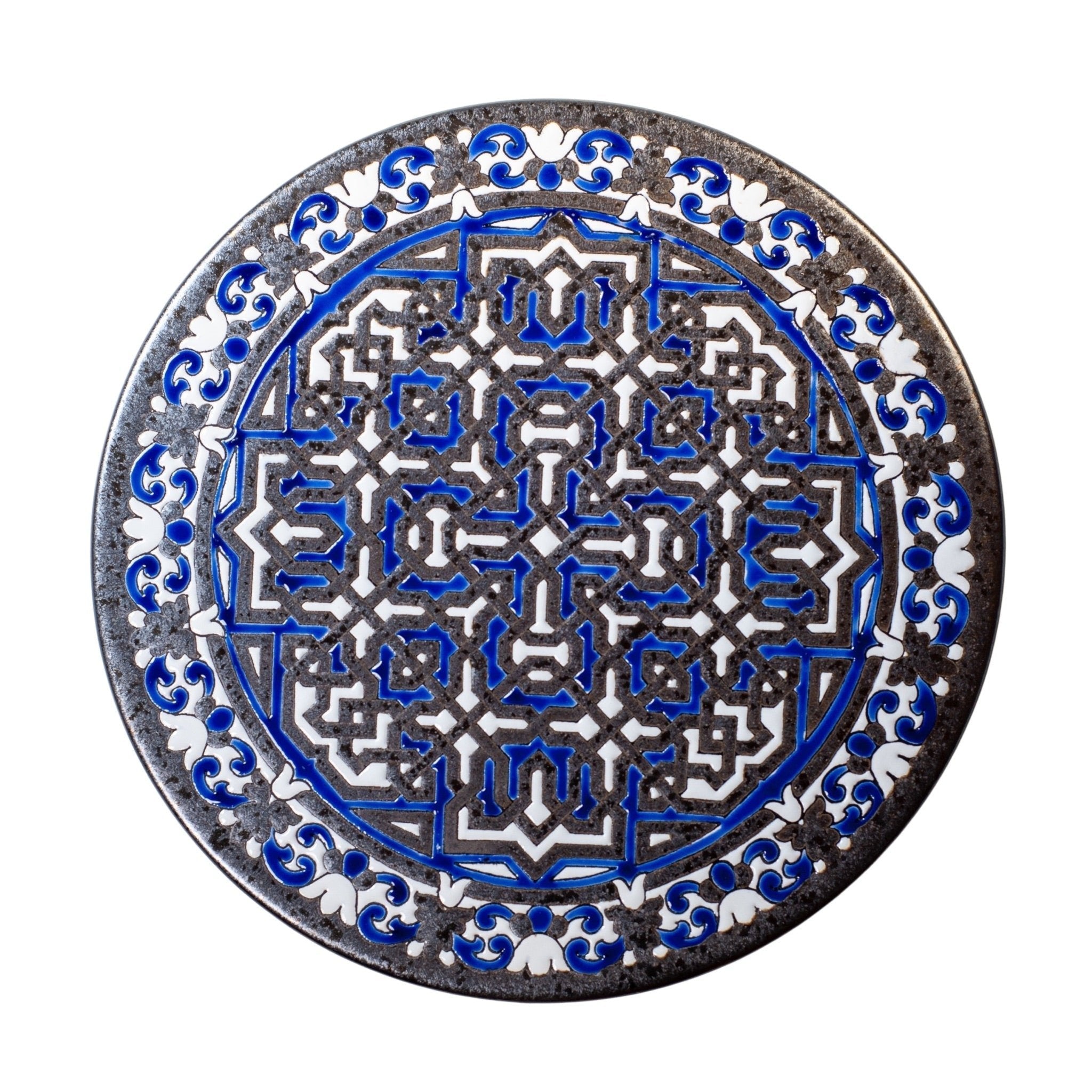 'Stort håndmalet fad med geometrisk mønster, blå' - Keramik by Rune-Jakobsen Design